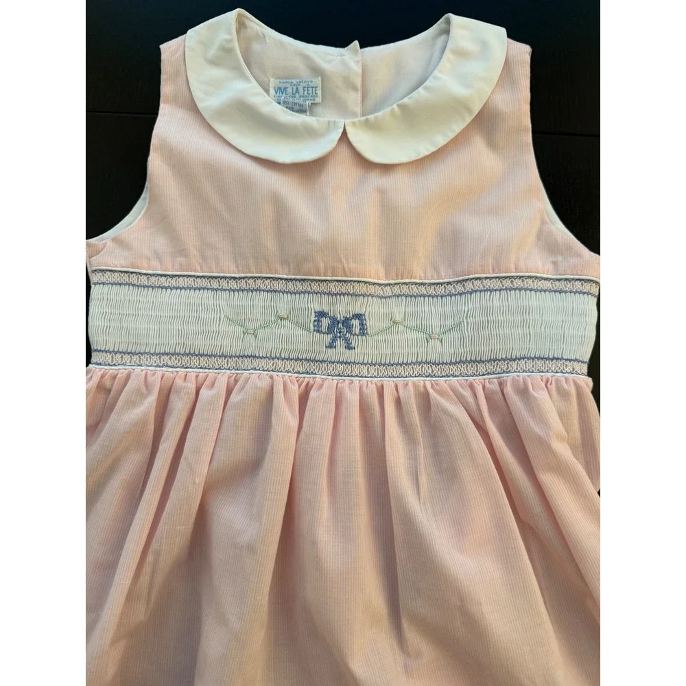 Vive La Fete Hand-Smocked Sleeveless Dress Girls Size 8 Pink/White Embroidered